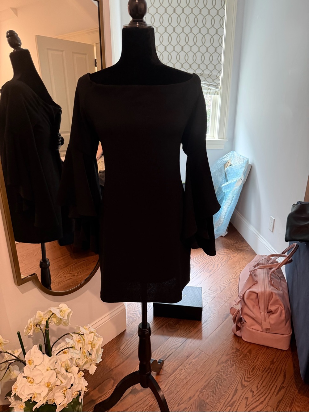 Free People Black Off-the-Shoulder Mini Dress with Tiered Bell Sleeves